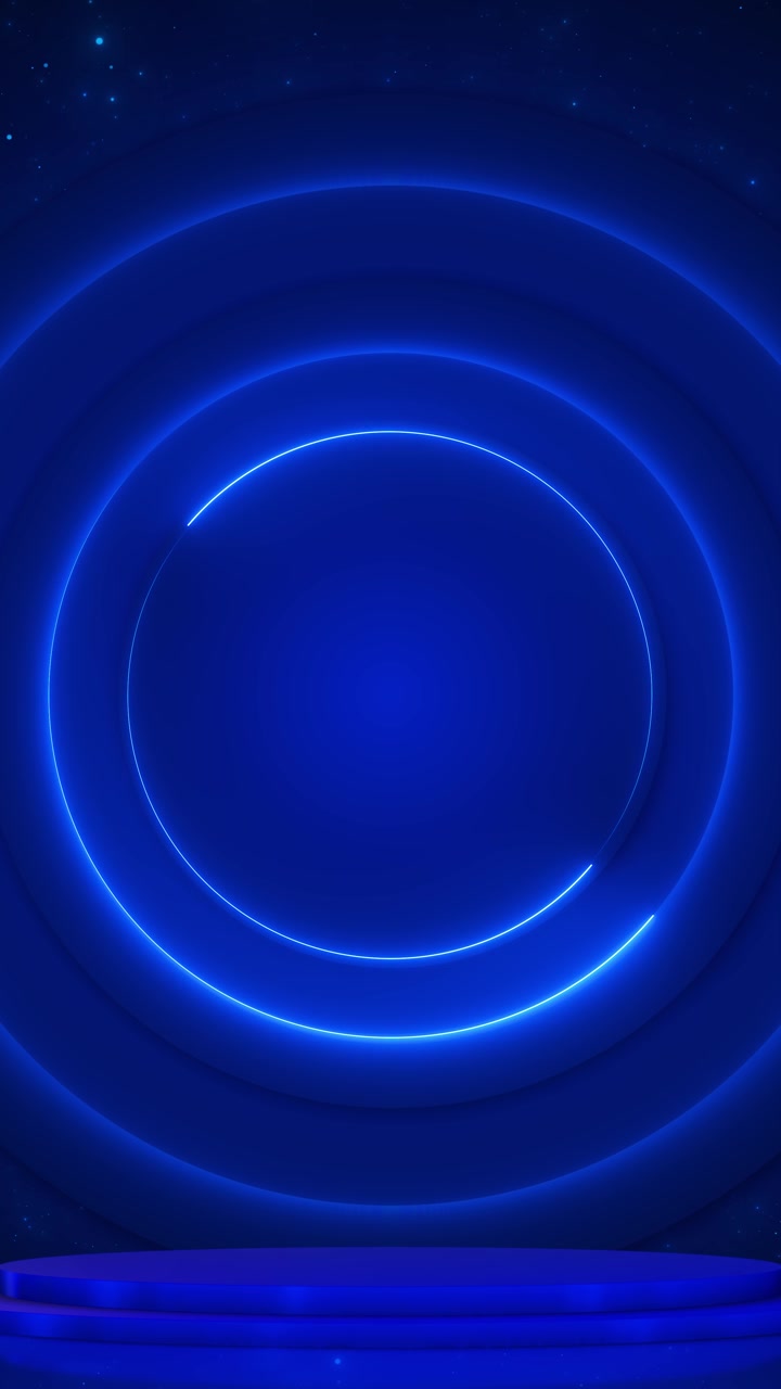 Anelli blu elettrico incorniciano una piattaforma rotonda rialzata in un profondo ambiente cosmico, formando una superficie lucida.