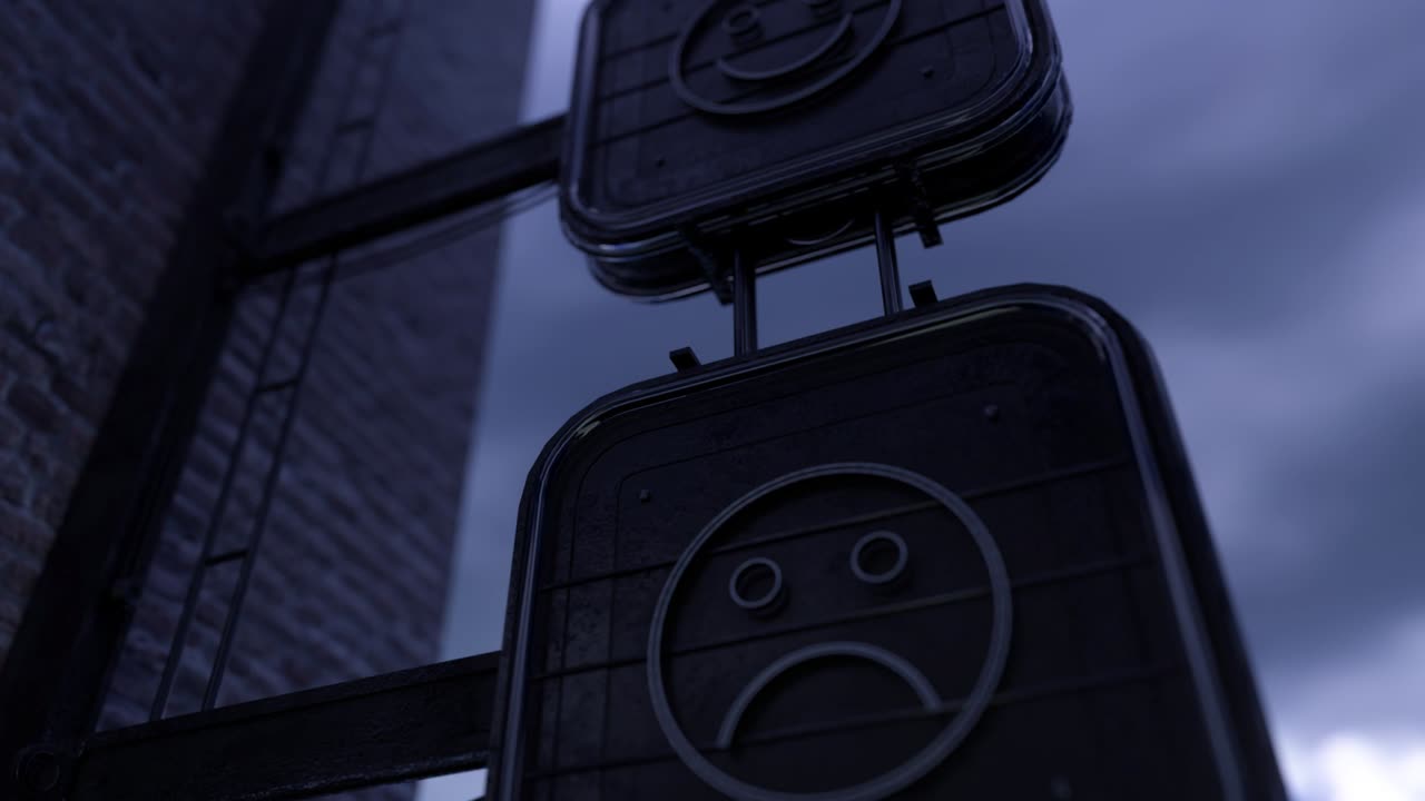 светящиеся неоновые знаки с смешными и грустными эмотиконами на фоне облачного неба.