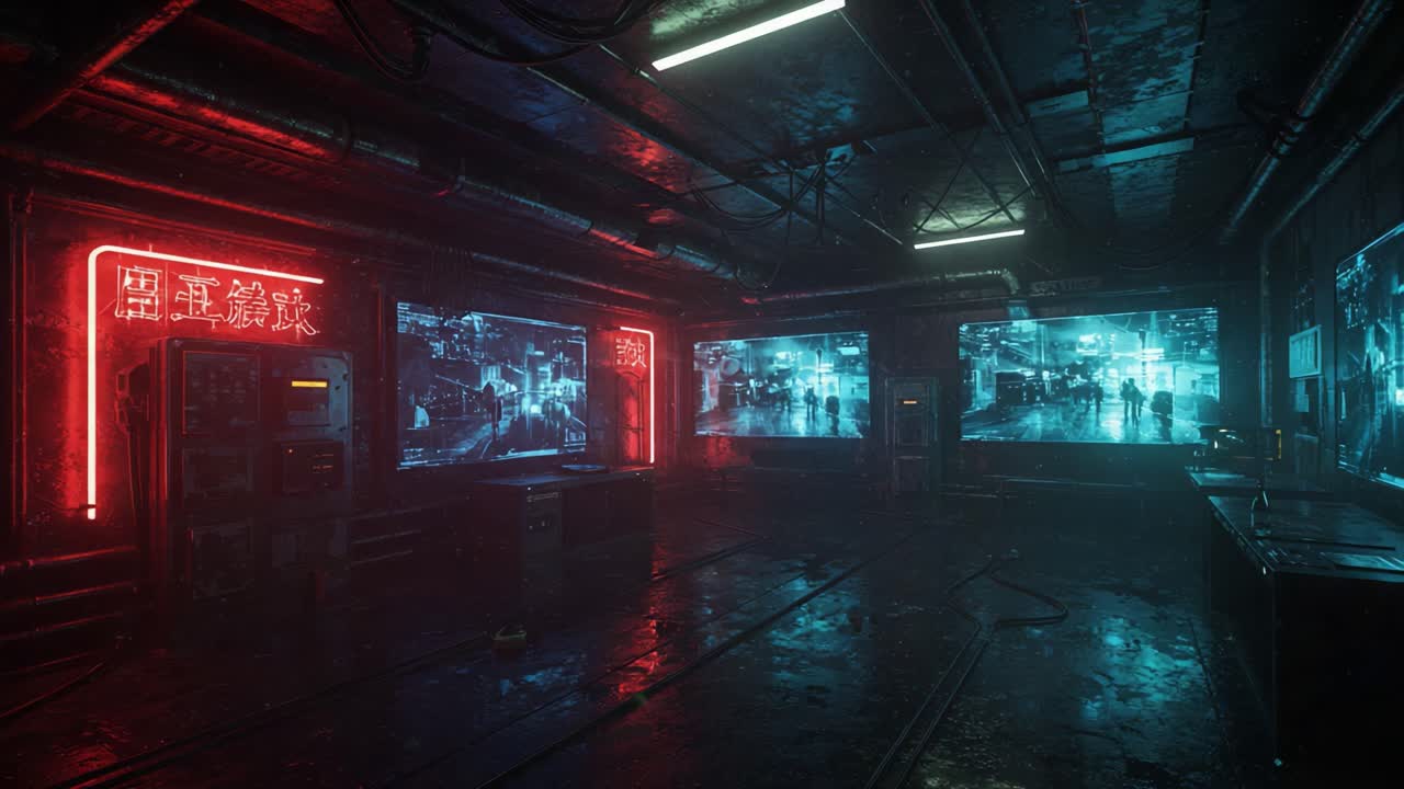 Eine futuristische Cyberpunk-Umgebung mit Neonbeleuchtung und Bildschirmen, die eine urbane Nachtszene widerspiegeln.