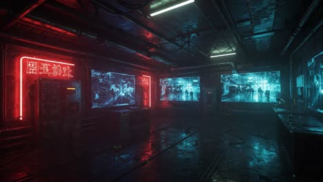 a futuristic cyberpunk environment with neon illuminations and display screens reflecting an urban night scene