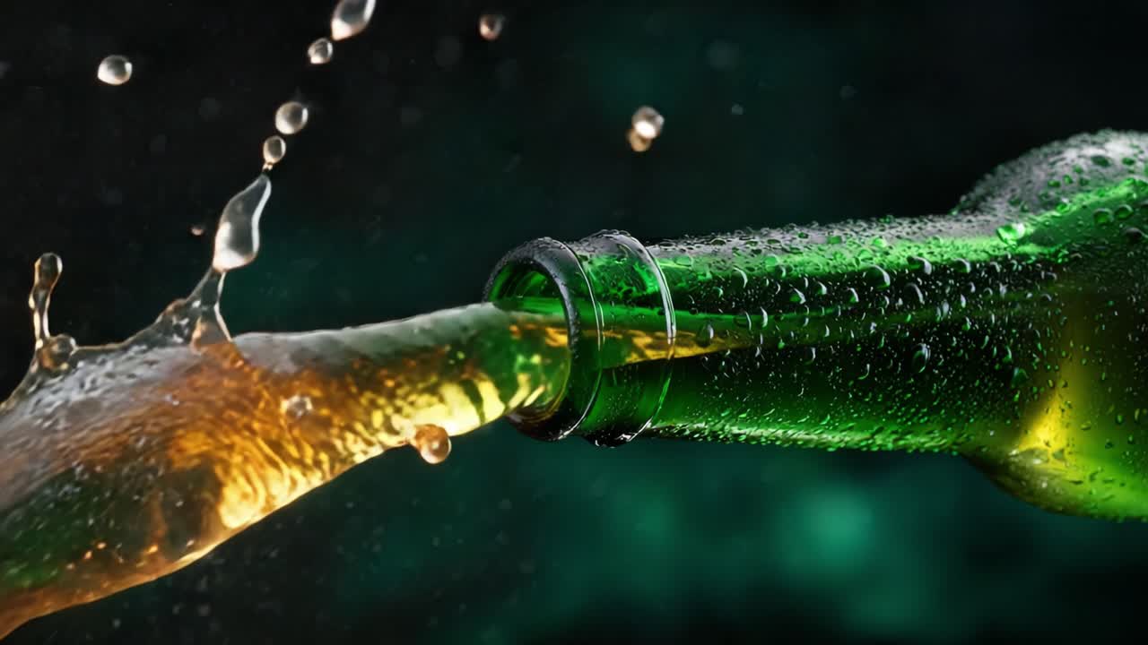Versamento dinamico di una bevanda rinfrescante da una bottiglia di vetro verde, che cattura gli schizzi e le goccioline in un'ambientazione vibrante e con sfondo scuro