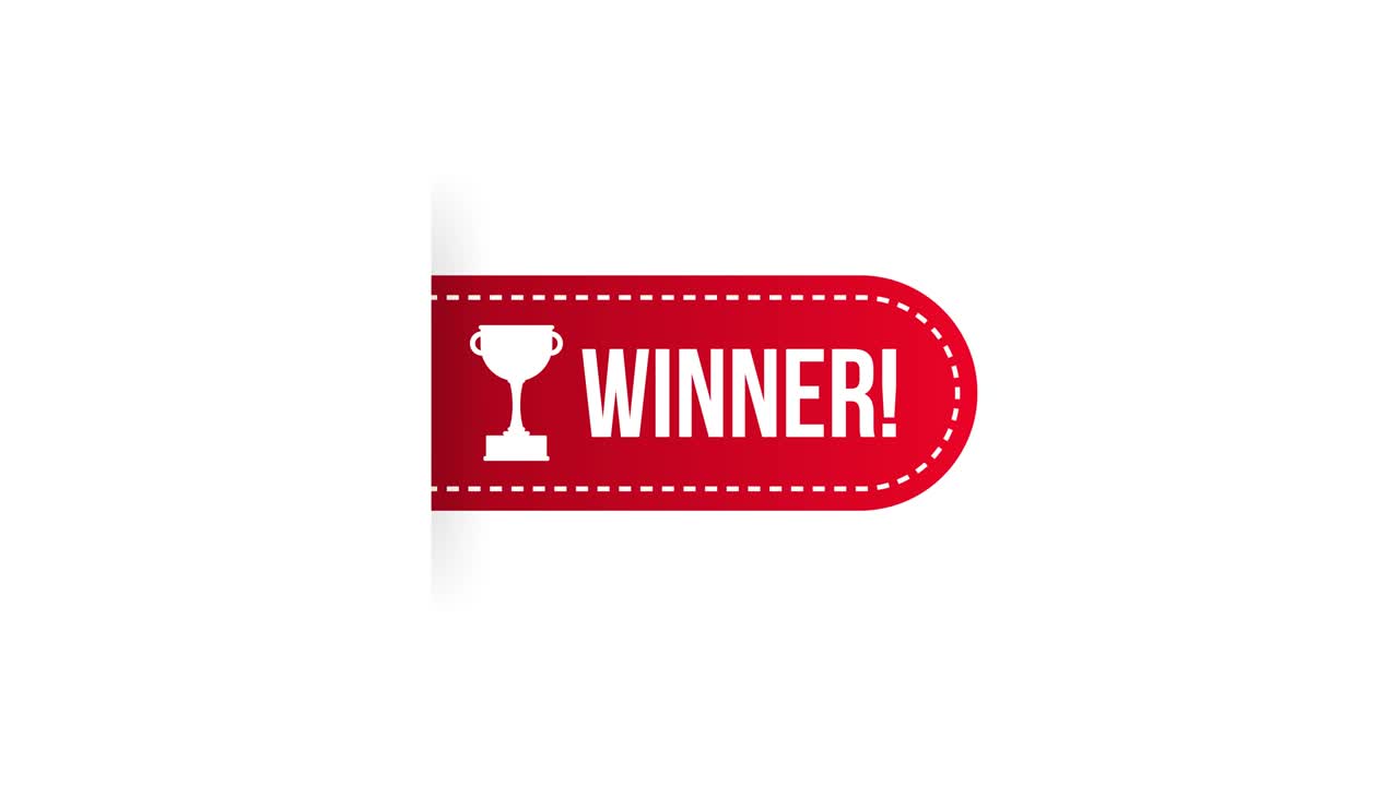 Winner red rubber label with red ribbon on white background. Realistic object. Motion graphics.