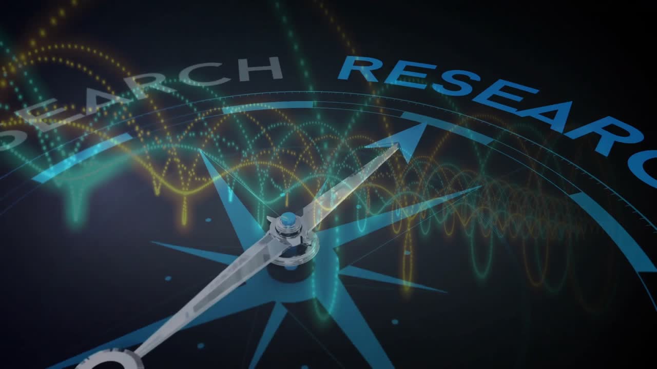 Swirling particles driving compass needle rotation waveforms aligning pointer toward RESEARCH focus