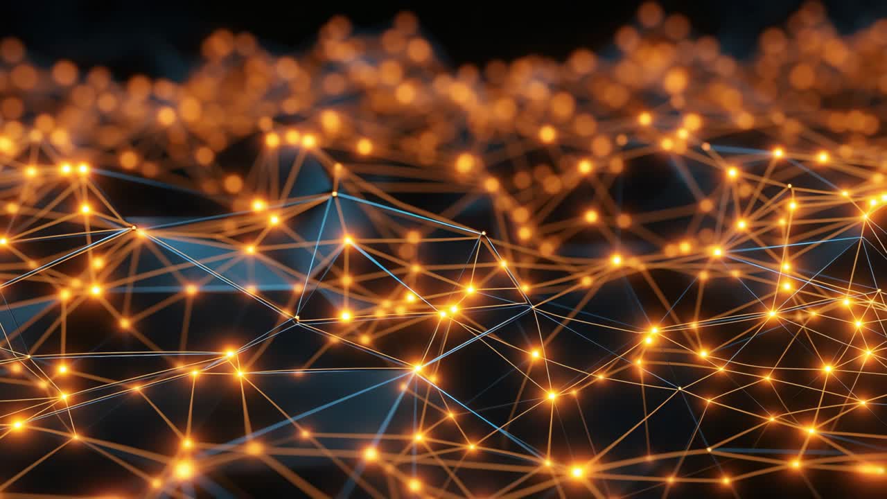 Abstract network of glowing nodes and lines, captured from a low-angle view