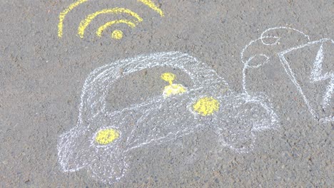 little girl with creative craft hobby drawing electro on the asphalt with chalk car environment, eco friendly, save energy in park at summer day