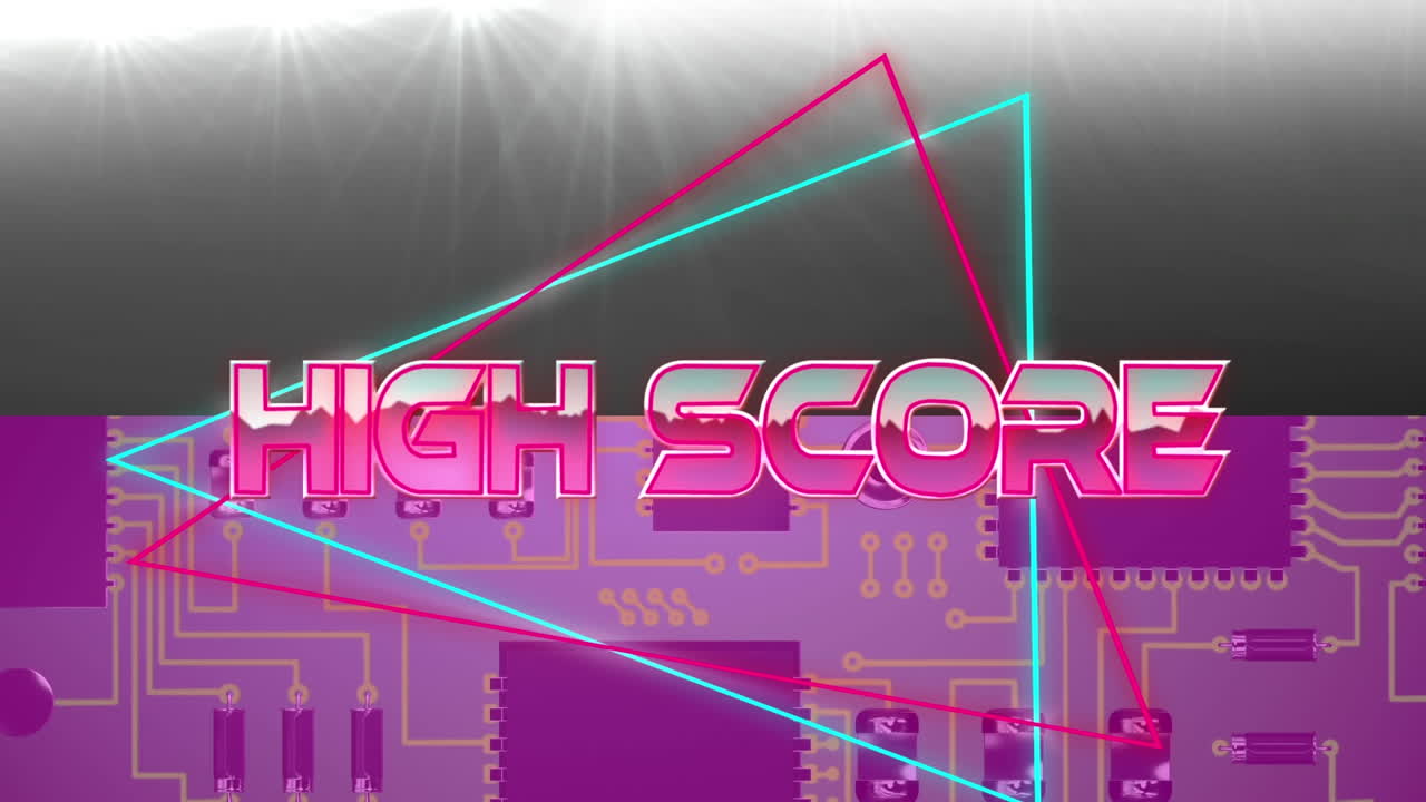 Animation of high score text over geometrical shapes and processor cores