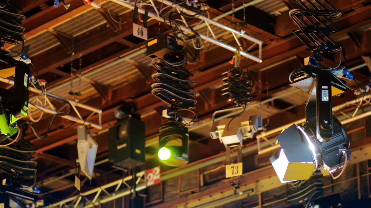 Flashing studio lights equipment on the ceiling of a TV set
