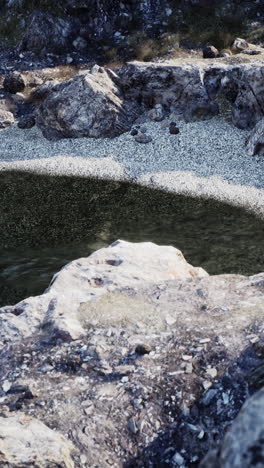 a beautiful view of a small pond in a rocky landscape