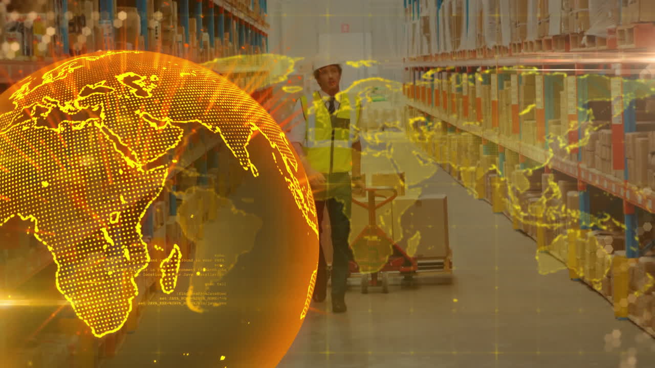 Warehouse worker moving cart with glowing world map animation overlay