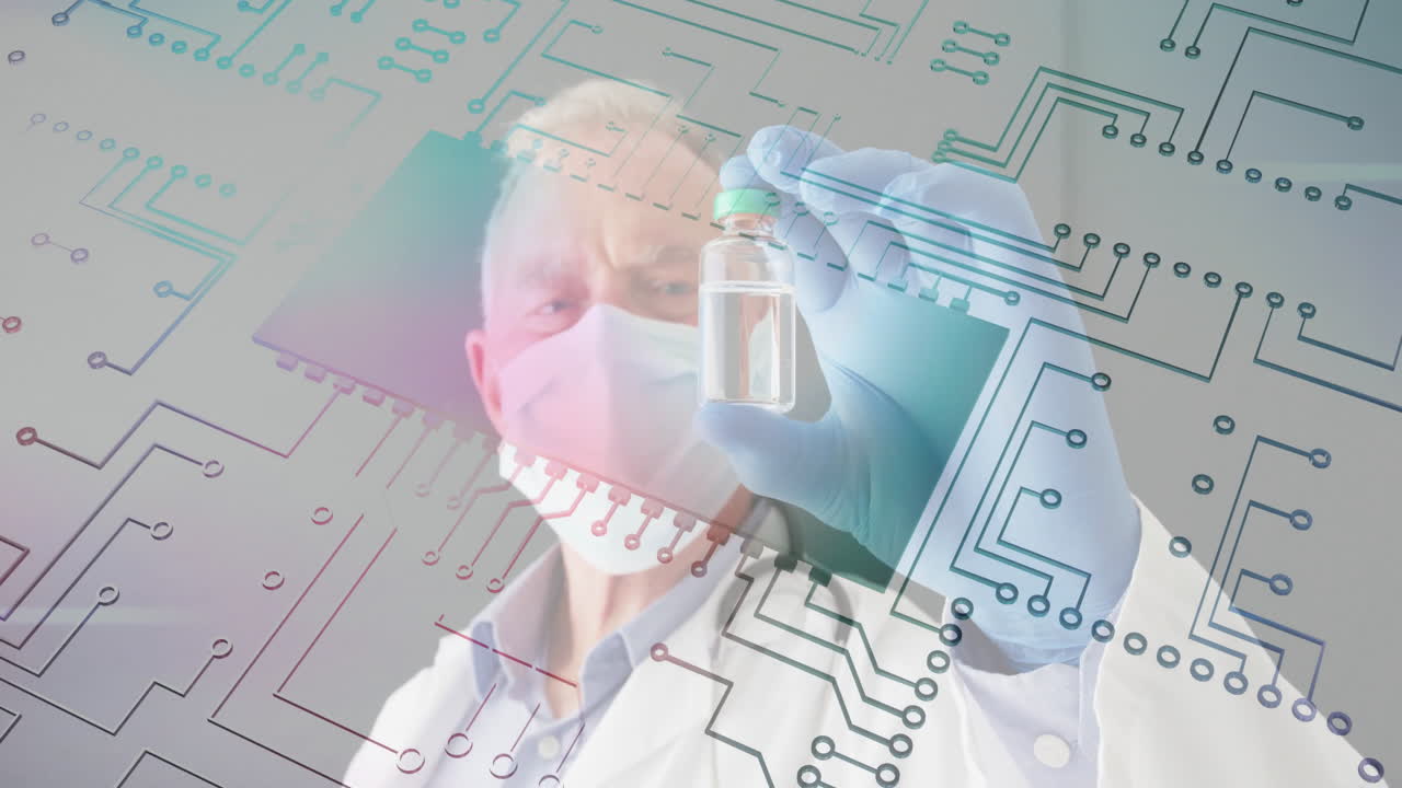 Holding vial over digital circuit, scientist illustrating biotechnology animation in lab