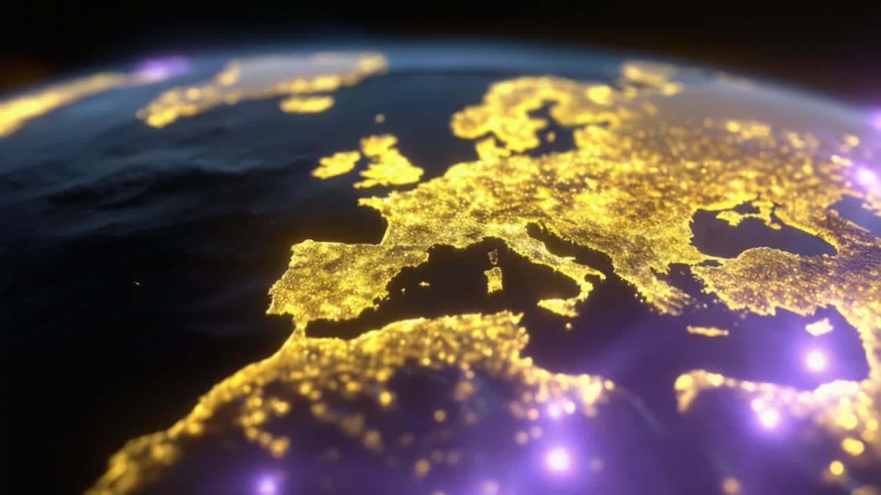 Earth's glowing continents shine with golden cities. Purple light trails connect major European hubs. Futuristic glow highlights global connectivity. Ideal for tech, travel