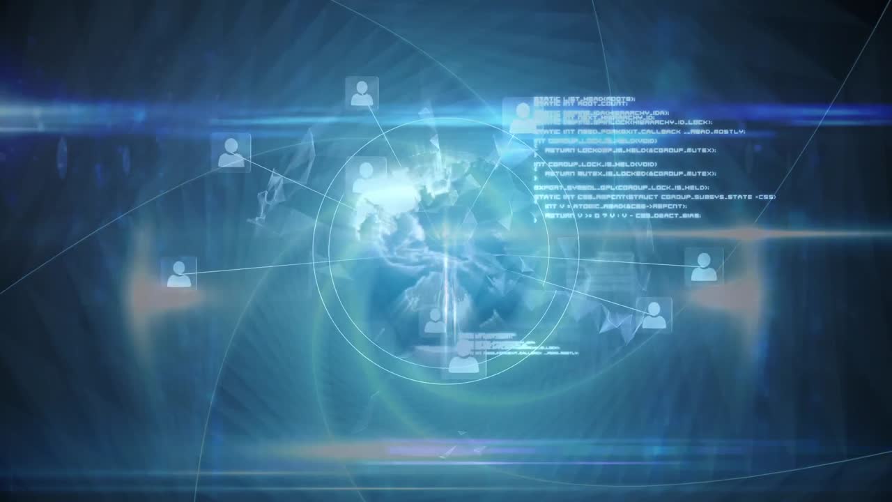 데이터 처리 위에 회전하는 지구와 파란색 배경에 빛의 점