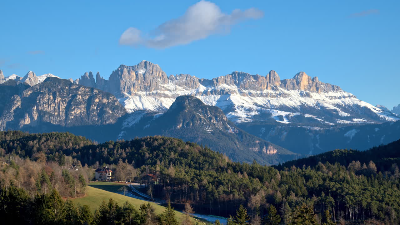 Distant view of snow on the mountains in the Dolomites, Italy