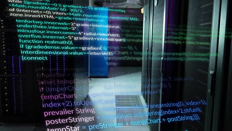 Animation of multicolored computer language over data server room