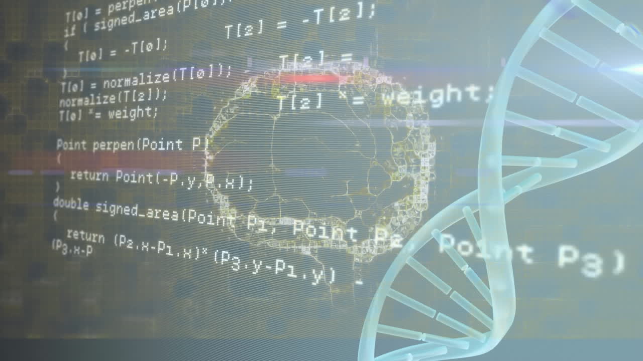 회전하는 dna 구조, 인간의 뇌, 그리고 회색 배경에 대한 데이터 처리의 애니메이션