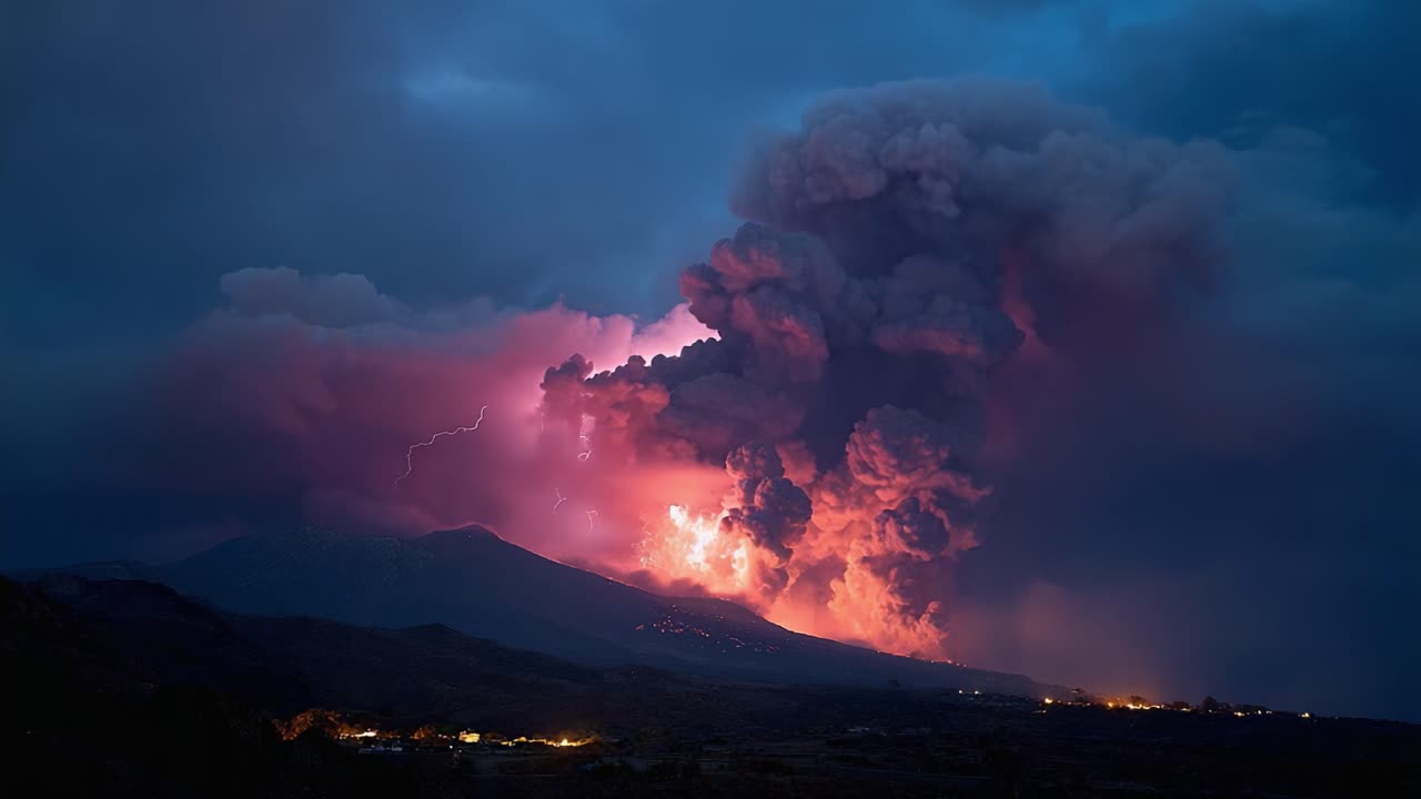 Erupção Espetacular: Exibições Cativantes de Relâmpagos e Cinzas em uma Paisagem Vulcânica Sob um Céu Dramático