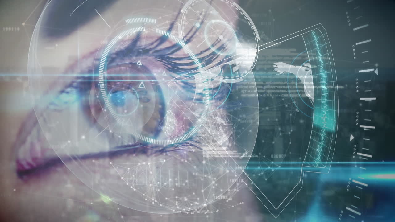 animación de ojo marrón abierto con gráficos de datos y análisis en él