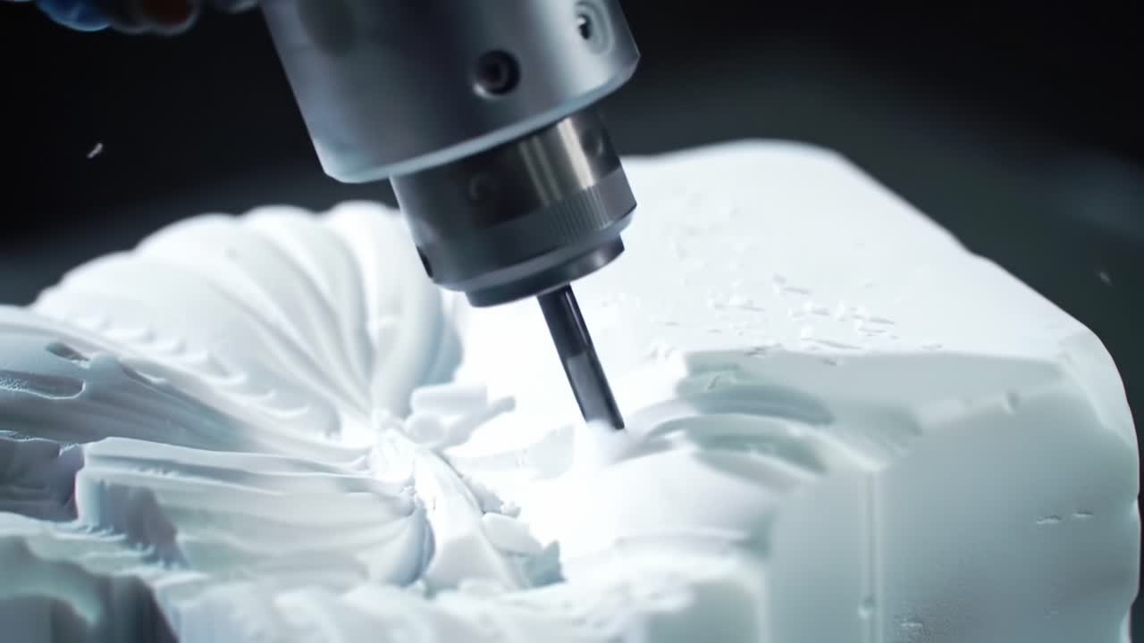 Precision Machining Process Captured: A Close-Up Look at a Router Cutting Intricate Patterns into a White Material, Showcasing Craftsmanship and Technology in Action