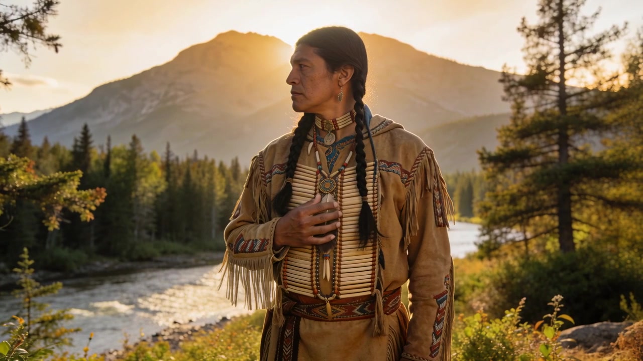 Indigener Mann legt am Flussufer, in traditioneller Kleidung, die Hand an die Brust, als Reaktion auf die hervorlugende Sonne.