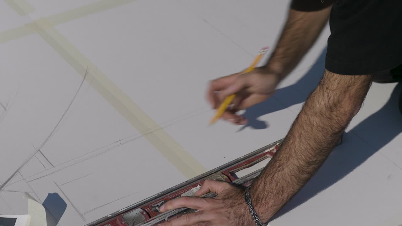 Close-up of worker tracing pencil lines on taped white sheets using a bubble level as a ruler - Israel