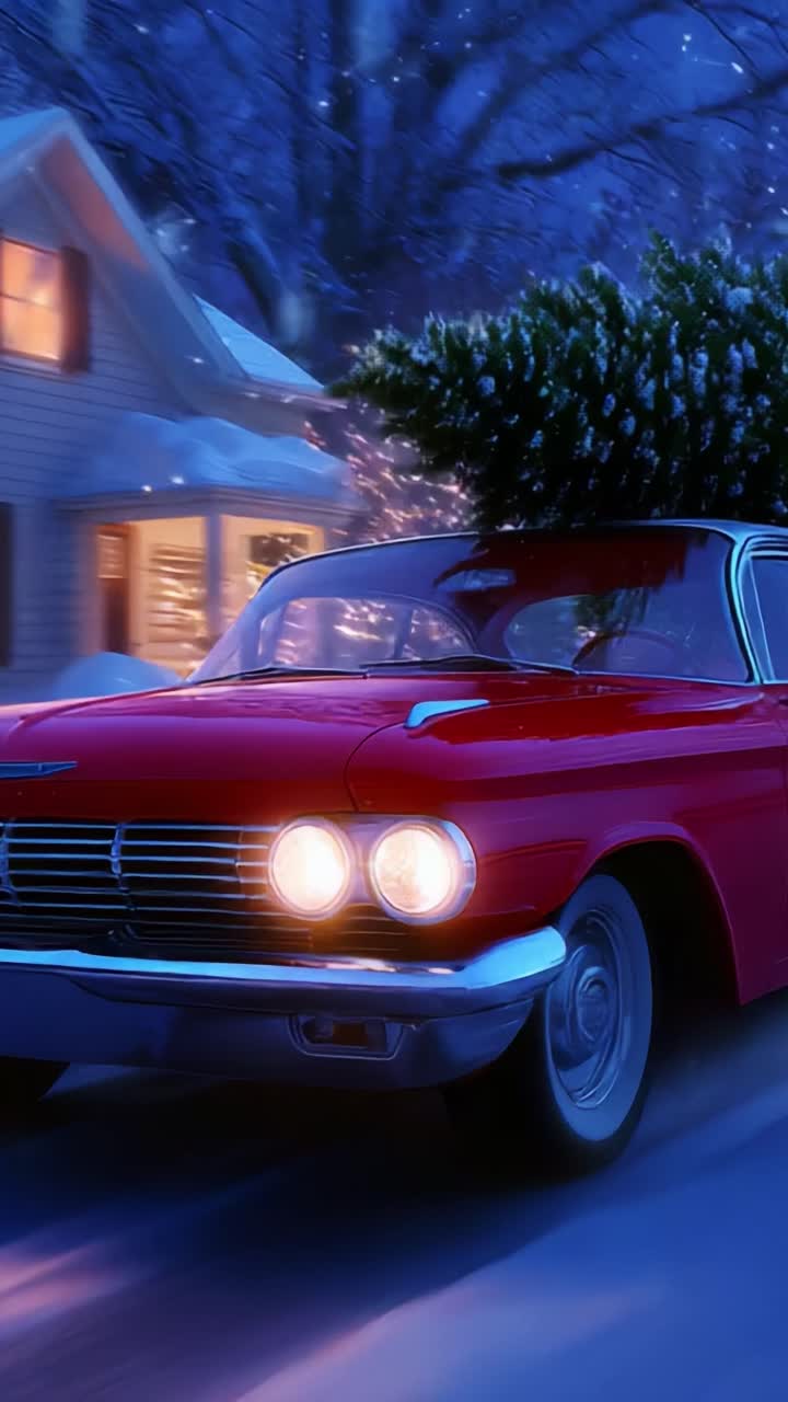 A Classic Red Sedan Carrying a Christmas Tree Drives Through a Snowy Landscape At Night, Illuminated by Warm Lights from a Cozy House, Evoking Nostalgia and Holiday Spirit Amidst the Winter Setting