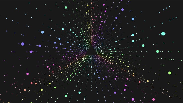 Triangolo al neon futuristico arcobaleno effetto vertigine con linee e glitter in galassia oscura