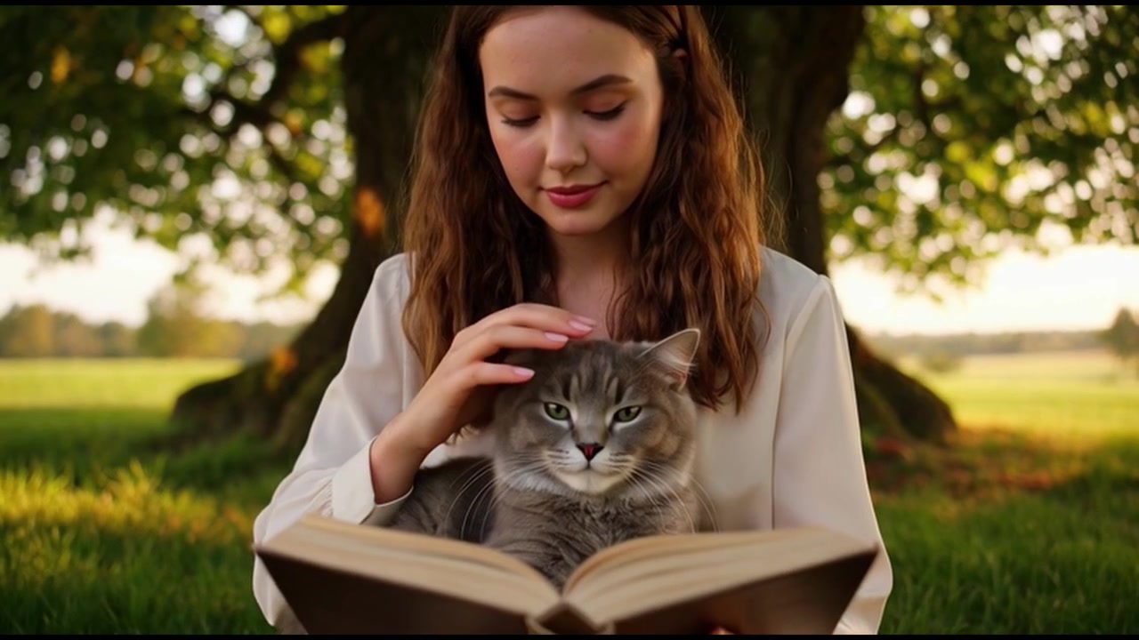 Giovane donna che legge un libro con il suo gatto sotto un albero