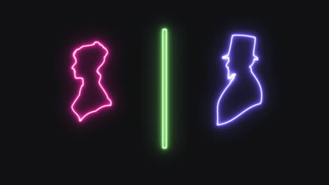 a retro flickering neon sign, with the shapes of a woman and a man from the past centuries, separated by a green bar, indicating the toilets