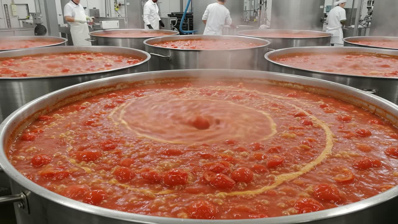 Massive Production of Tomato Sauce: Workers Stirring Large Cauldrons in a Food Processing Facility, Creating a Rich and Flavorful Base for Diverse Dishes
