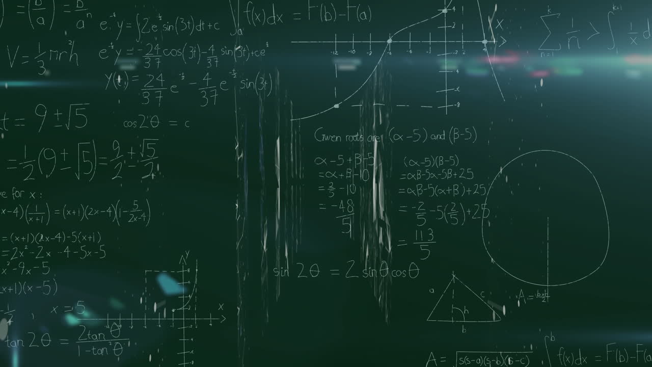 Animazione di equazioni matematiche e grafici su lavagna con effetti di luce astratti.