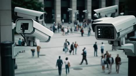 surveillance cameras overlooking a busy urban street: observing foot traffic and activity in a lively environment with a focus on security measures