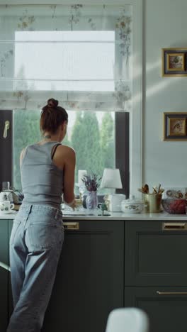 woman drinking water in a kitchen