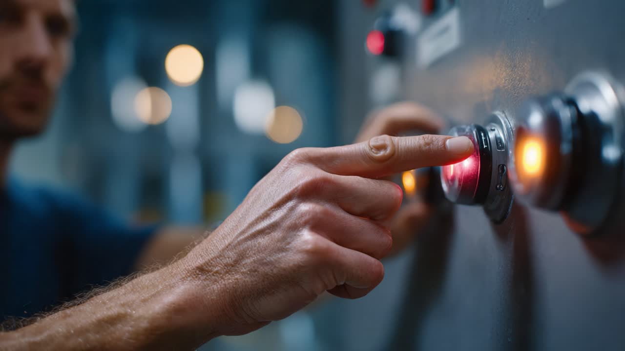 A technician's hand pressing a control button, illuminated with colored lights, illustrating the operation of machinery in a modern industrial environment
