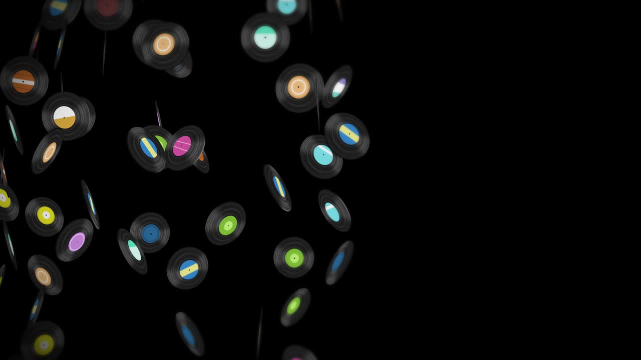 Flying many vinyl records on black background. Old technology. Retro design. 3D animation of music record rotating. Loop animation.