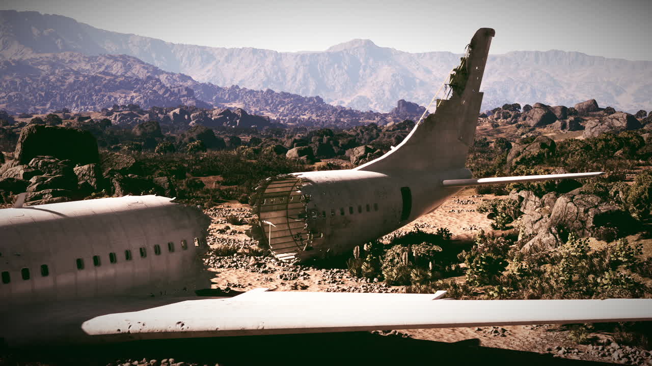Plane wreckage rests in rocky terrain surrounded by mountains