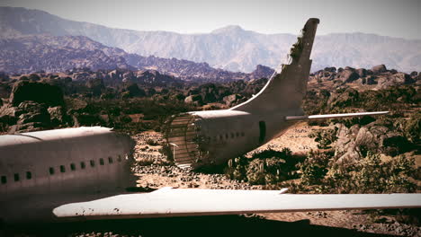 plane wreckage rests in rocky terrain surrounded by mountains