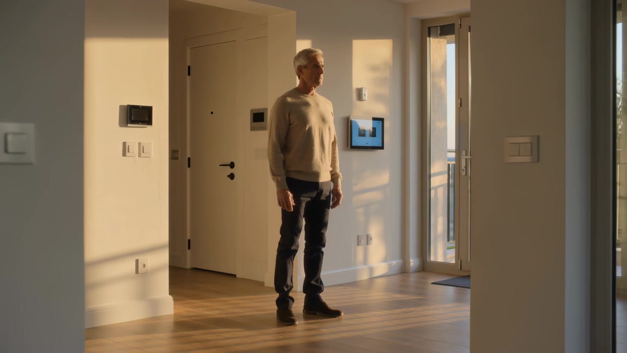 Uomo anziano in maglione in piedi in un appartamento, che si sposta mentre la luce del sole attira l'attenzione sul balcone e sul pannello.