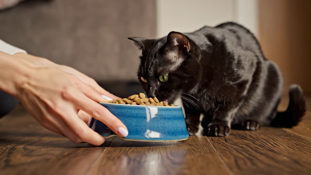 Eine schwarze Katze füttern