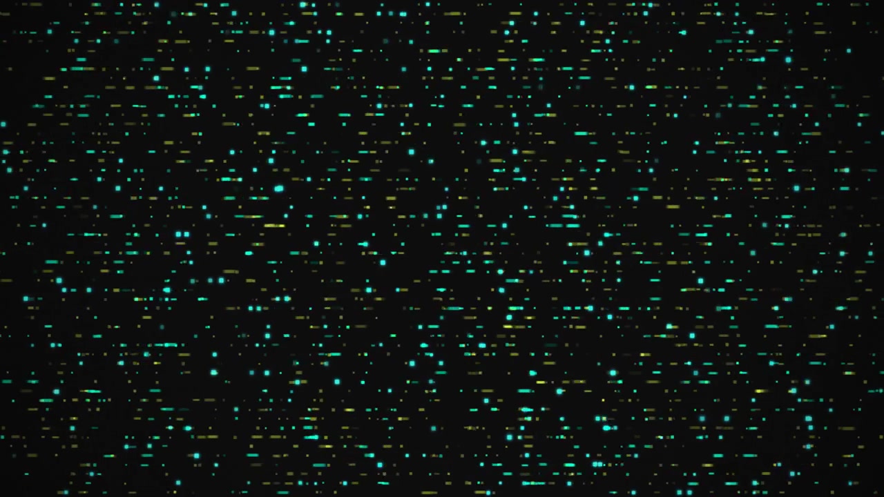 A high-tech digital data stream features glowing teal and yellow pixels floating across a dark background representing information flow.