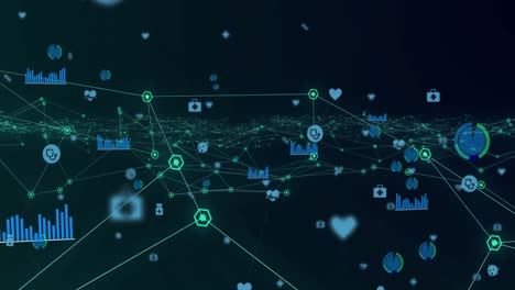 animación digital de una red de iconos digitales brillantes verdes que se mueven contra un fondo azul