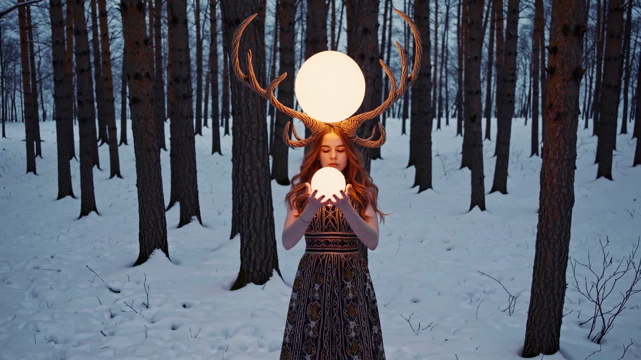 Woman with Glowing Orbs in a Winter Forest