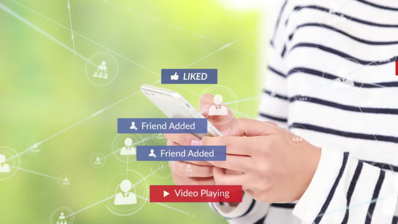 스마트 폰을 사용하는 백인 여성에 대한 아이콘과의 연결 네트워크의 애니메이션