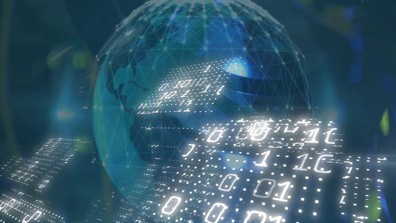 Animation of globe, binary coding, data processing on blue background