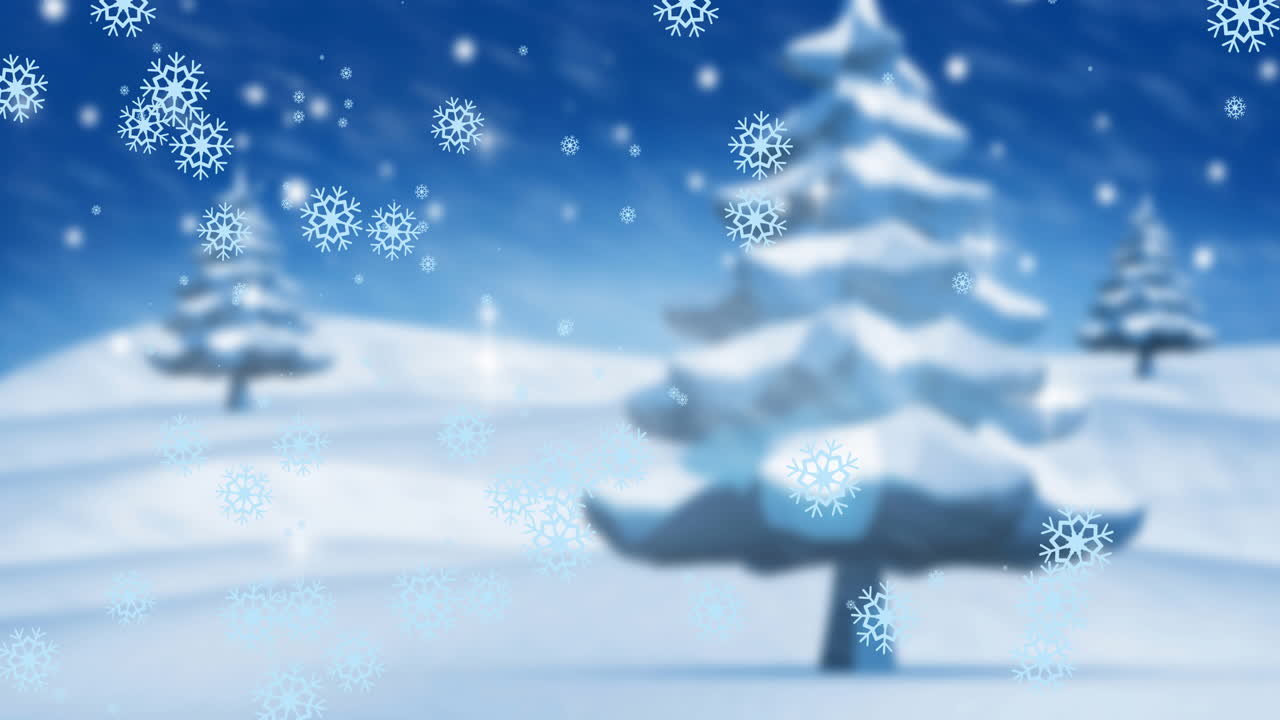 겨울 풍경 위에 내리는 눈의 애니메이션