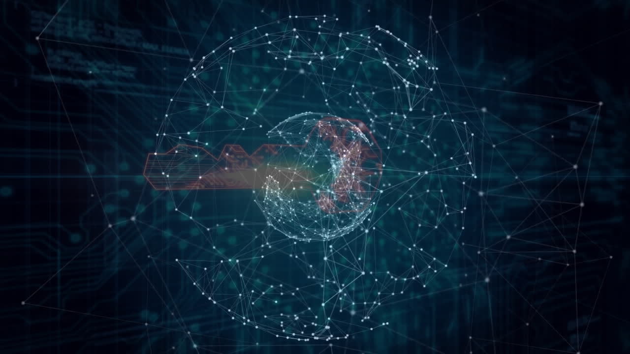 Animation of network nodes forming spherical structure on dark background