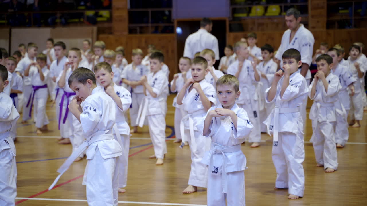 Boys' group of karate trainees folded their hands prepared for the move. Adult masters watch carefully the students.