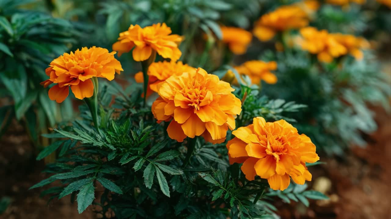 Vivaci calendule arancioni prosperano in un rigoglioso giardino, mostrando il loro colore intenso e la struttura unica dei petali per impollinatori e appassionati di giardinaggio.