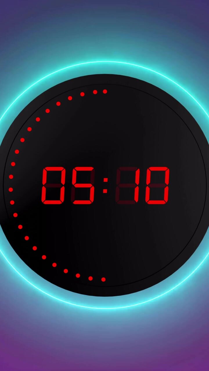 Animation of red digital timer changing with dots and circles on purple background