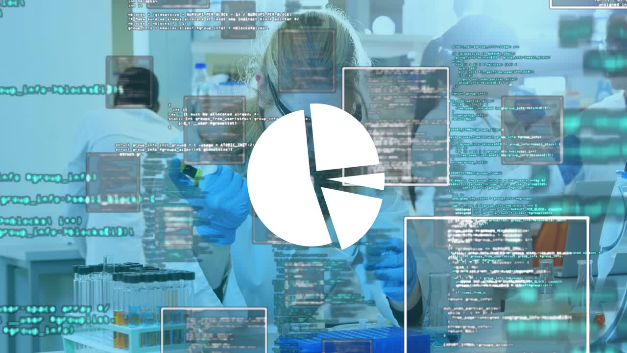 Animation of data processing over diverse scientists in lab