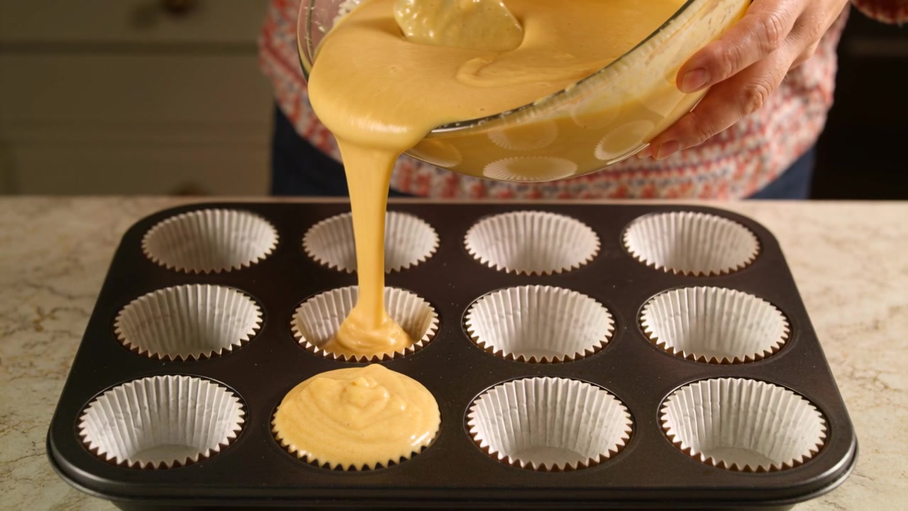 Donna che versa, con un top stampato, che inclina una ciotola di vetro in cucina, riempiendo uno stampo per muffin con l'impasto.